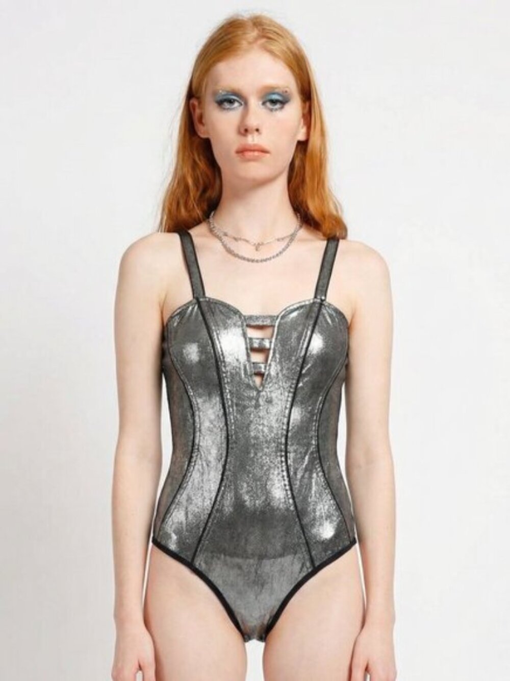 TRIPP NYC silver cyberpunk gunmetal futuristic metallic bodysuit